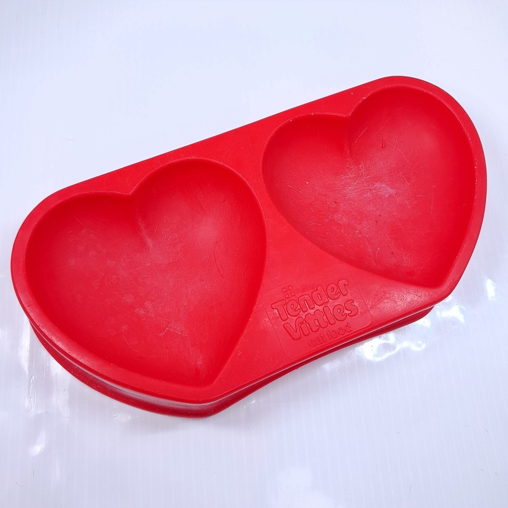 Vintage Tender Vittles Cat Food Double Heart Food Bowl Red Plastic Purina 1970s